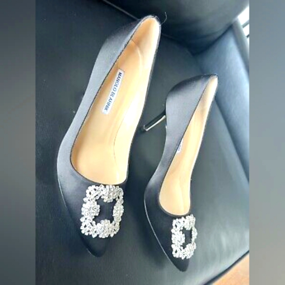 Elegant Black Satin Heels with Crystal Embellishment